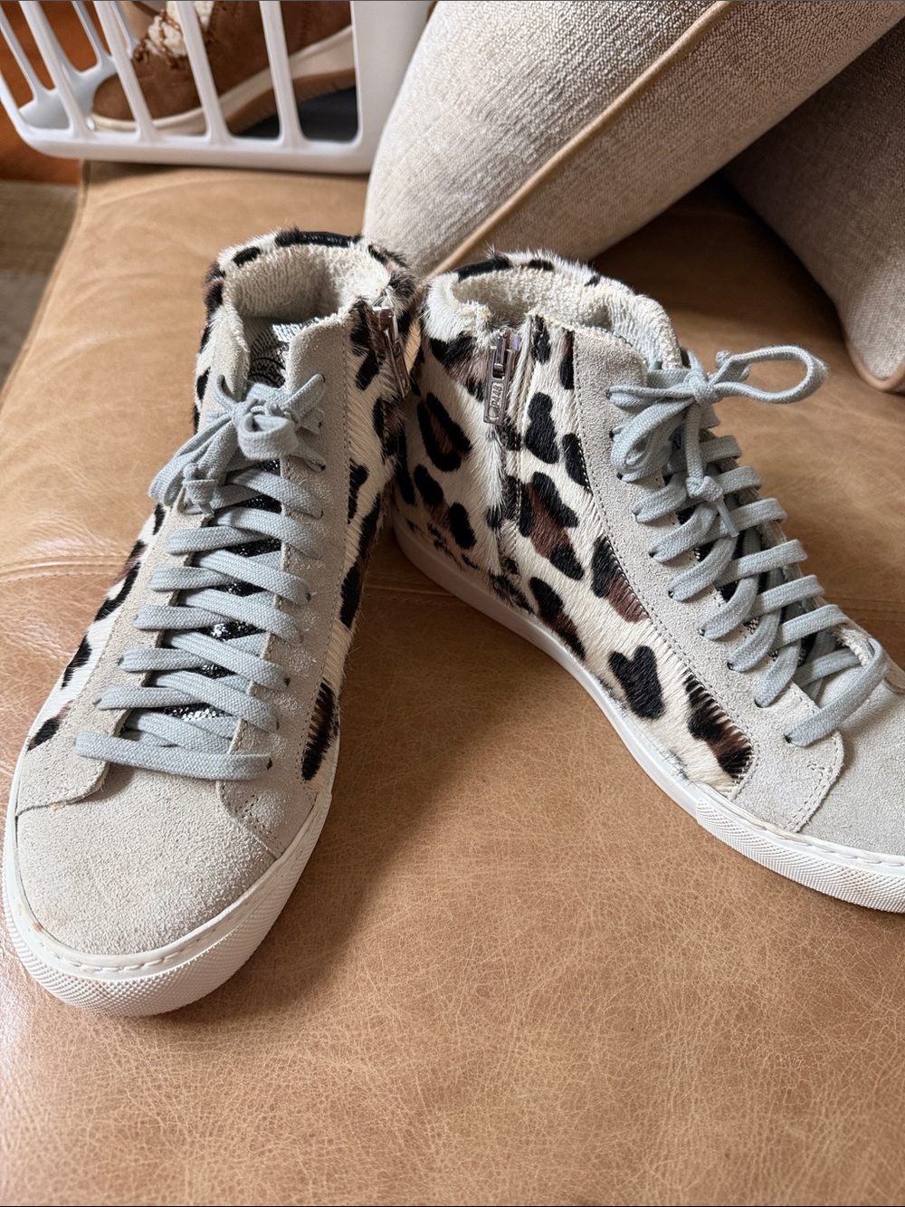 P448 Women’s High-Top Leopard Print Sneakers in Cream and Brown